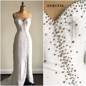 Vintage 90s White Velvet Sweetheat Gown with Rhinestones and 100% Silk Lining